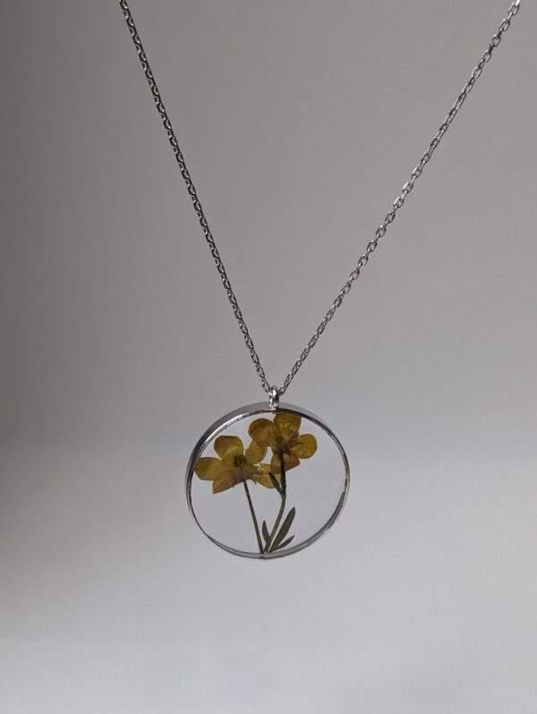 Yellow Cinquefoil Sterling Silver Necklace - Round